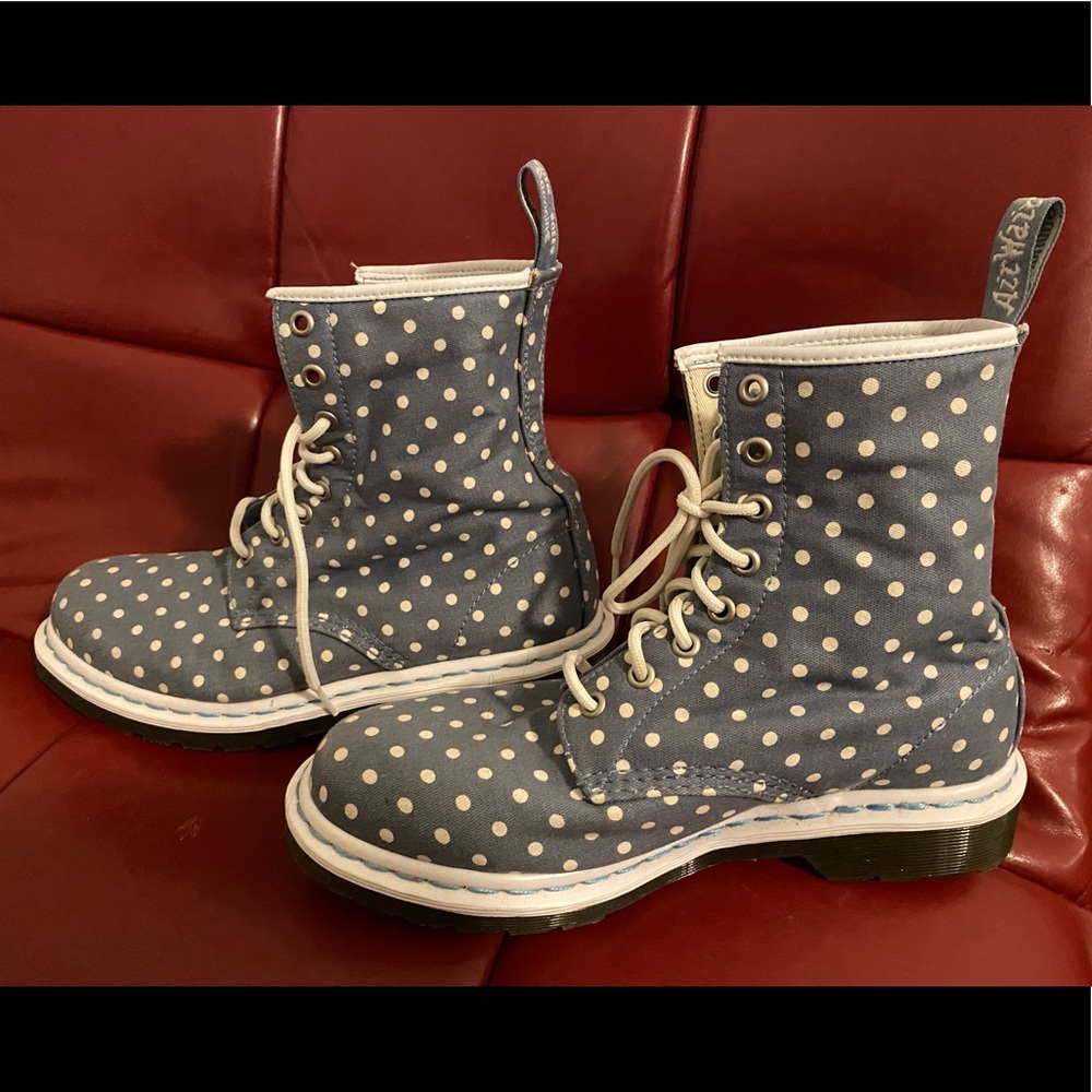 Dr. Martens Castel blue and white polka dot boots